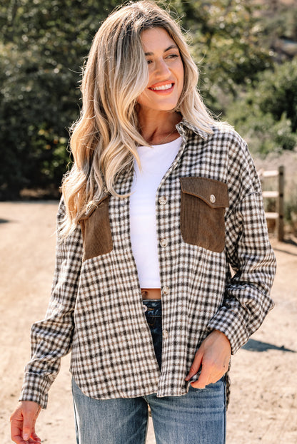 Threaded Pear Ava Flap Patchwork Plaid Shacket