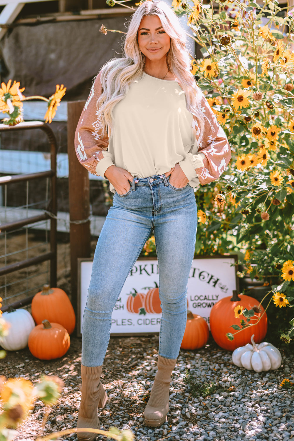 Threaded Pear Mila Western Print Patch Long Sleeve Top