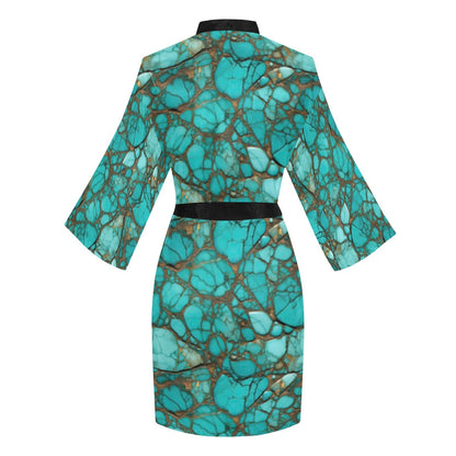 Baha Ranch All Turquoise Satin Kimono Sleeve Robe