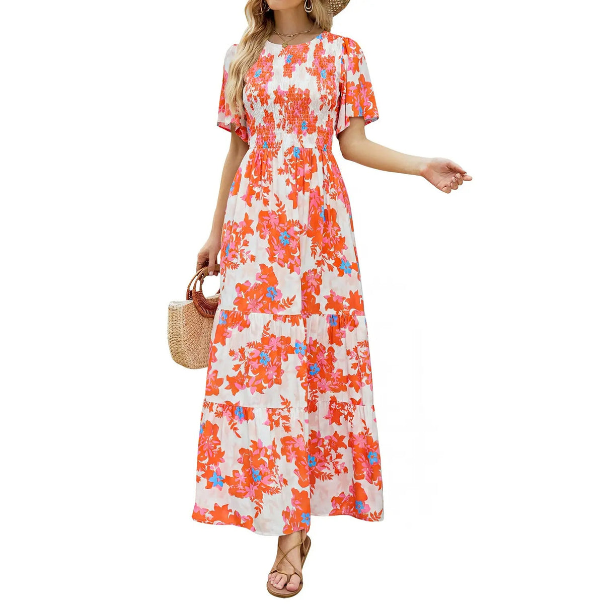 ✨Women's Casual Floral Print Short Flutter Sleeve Smocked High Waist Flowy Maxi Dress