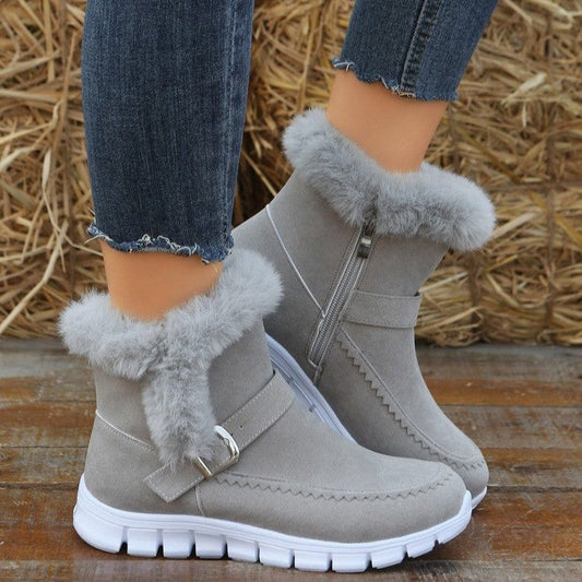 Women’s Thickened Winter Snow Boots | High-Sense Plush Ankle Boots with Buckle Design | Trendy Minimalist Plus Velvet Flat Shoes | Luxury-Label Statuesque Warm Winter Footwear | 2026 High-Fashion Radiant Outdoor Boots