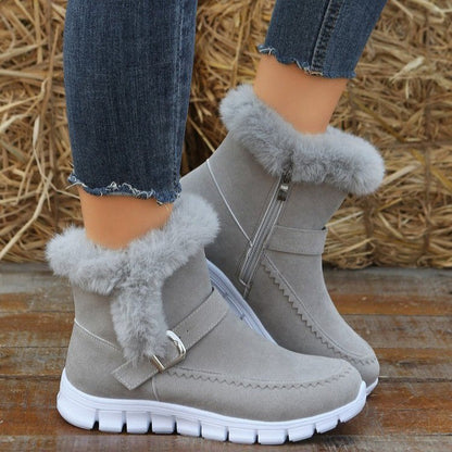 Women’s Thickened Winter Snow Boots | High-Sense Plush Ankle Boots with Buckle Design | Trendy Minimalist Plus Velvet Flat Shoes | Luxury-Label Statuesque Warm Winter Footwear | 2026 High-Fashion Radiant Outdoor Boots