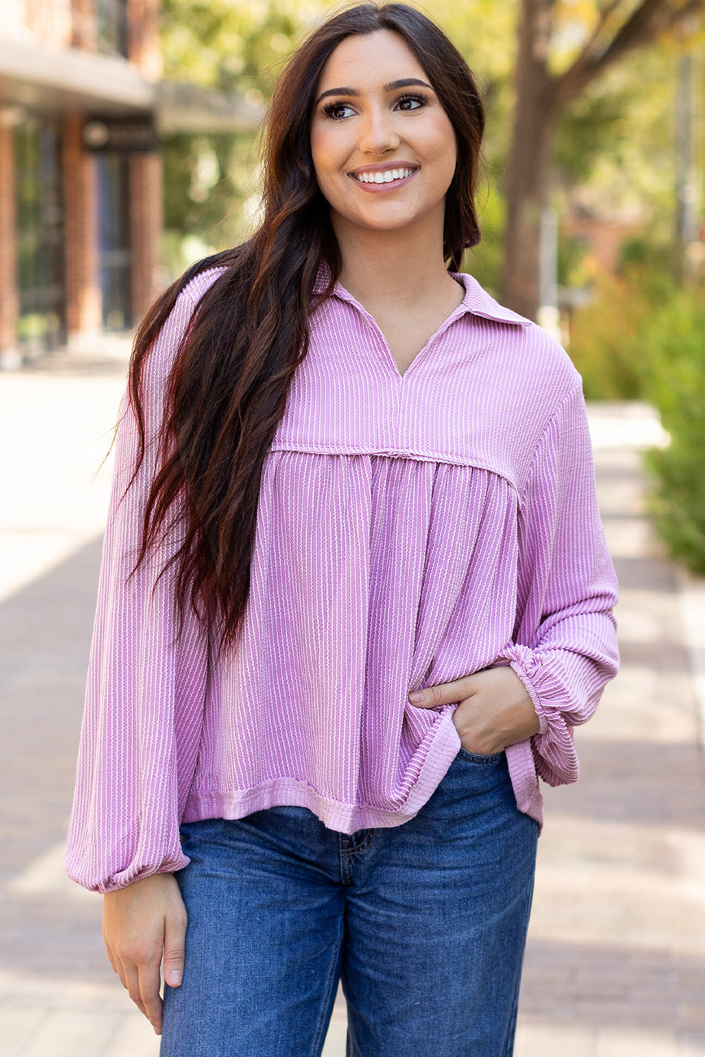 Threaded Pear Blake Corded V Neck Bubble Sleeve Blouse