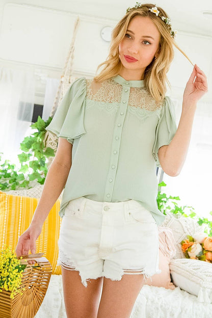 Glenda- Scallop lace Trim Short Flutter Sleeve Blouse Top