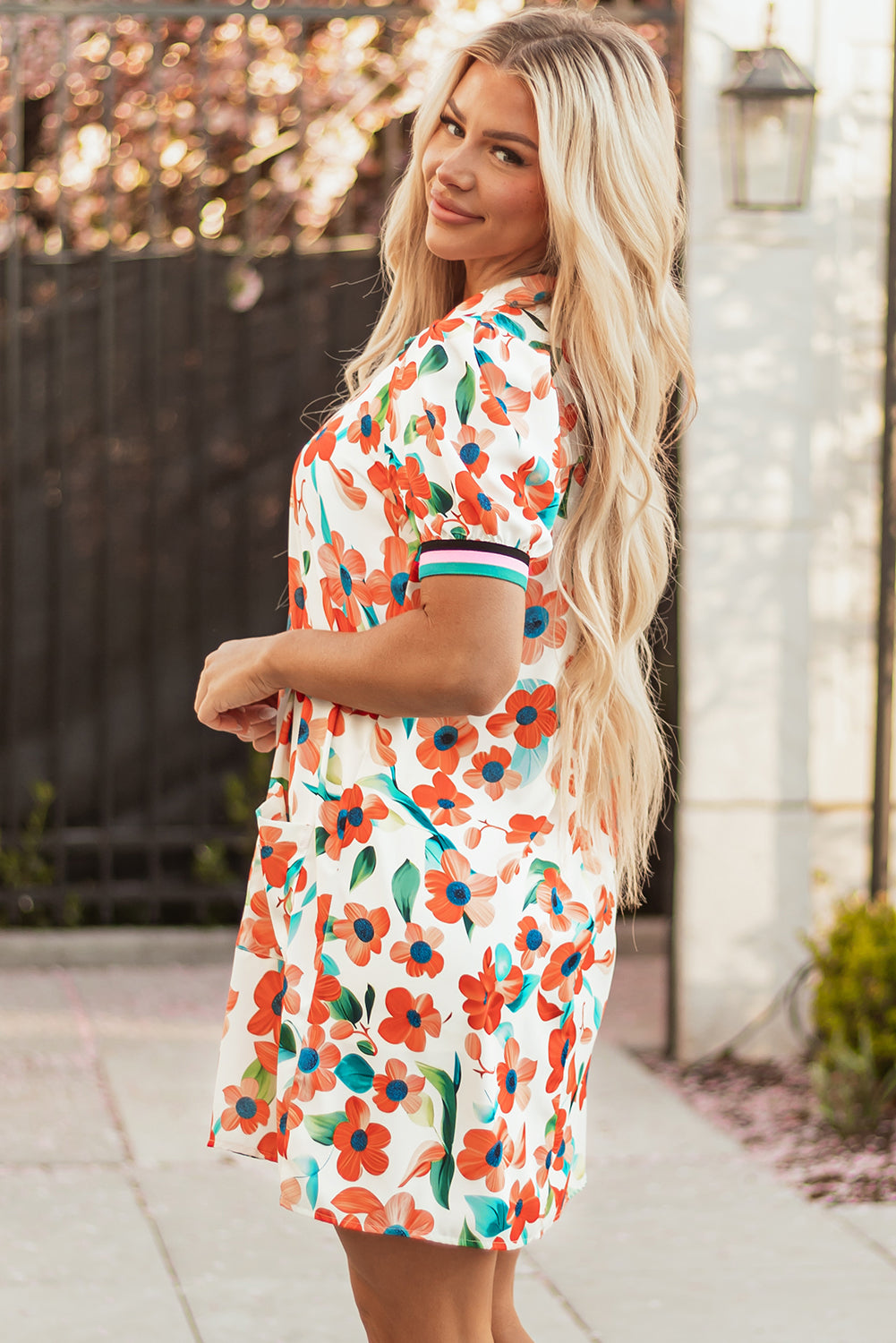 Threaded Pear Rayne Floral Split Neck Puff Short Sleeve Tiered Dress