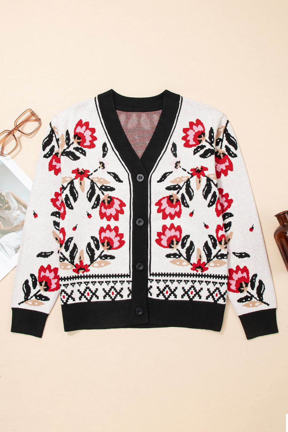 Threaded Pear Selene Print Front Knit Cardigan