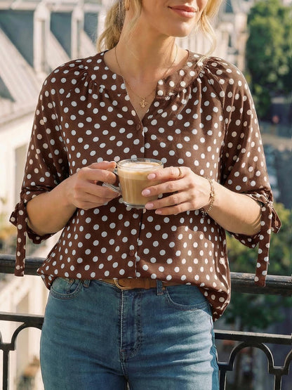 Womens Polka Dot Blouse V Neck Bow Tie Cuff Half Sleeve