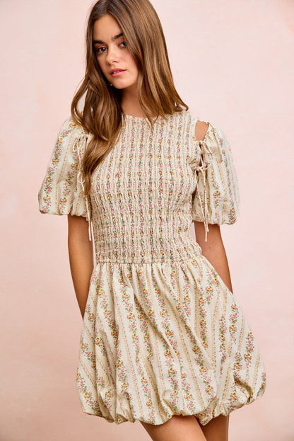 BiBi Floral Bow Tie Attachable Puff Sleeves Dress