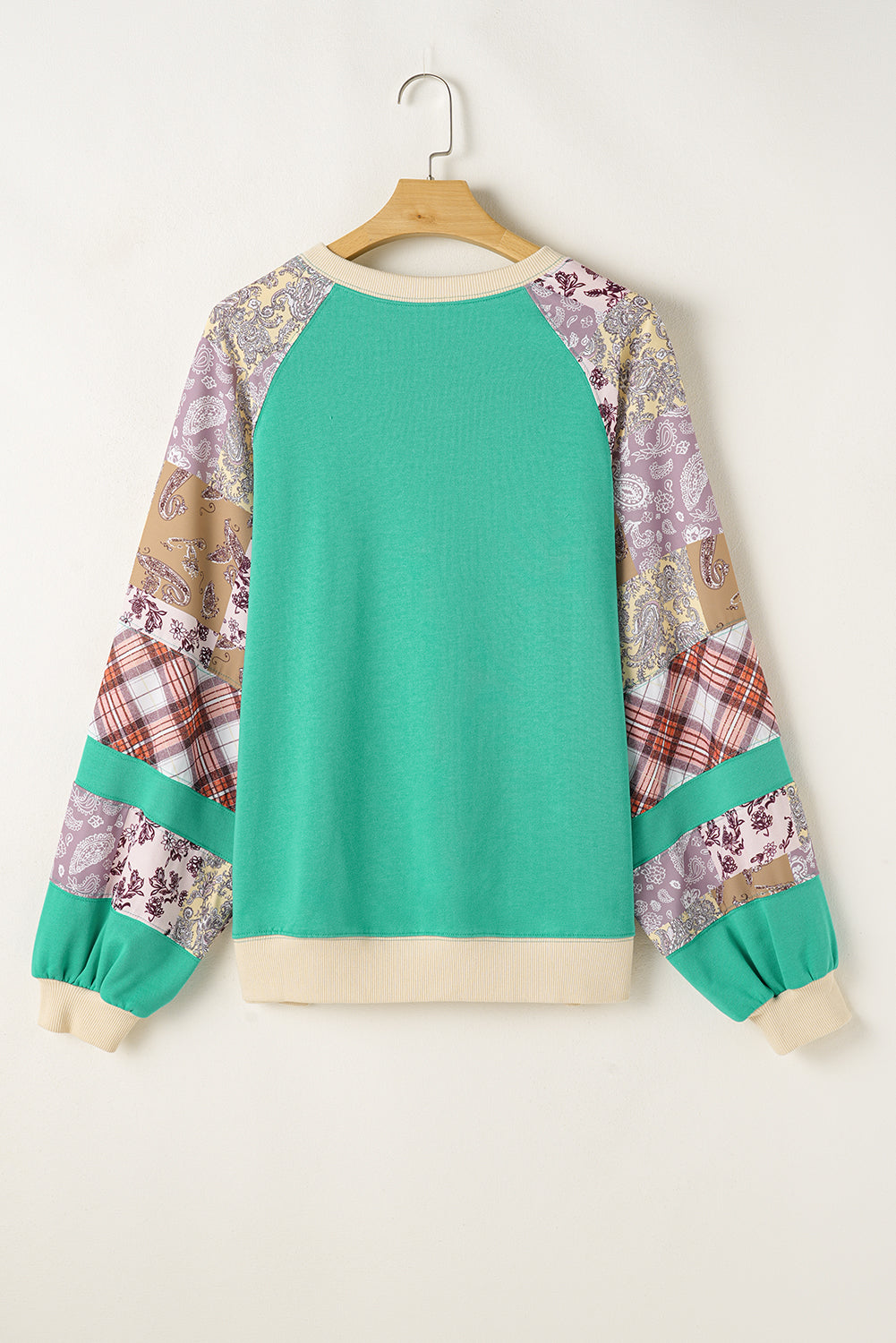 Threaded Pear Sky Blue Plus Size Plaid Floral Patchwork Raglan Sleeve Sweatshirt
