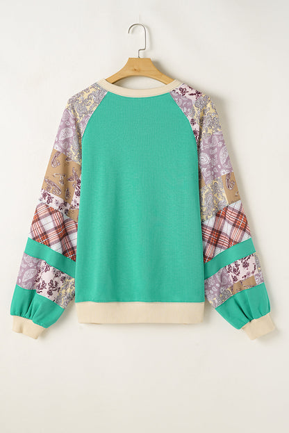 Threaded Pear Sky Blue Plus Size Plaid Floral Patchwork Raglan Sleeve Sweatshirt