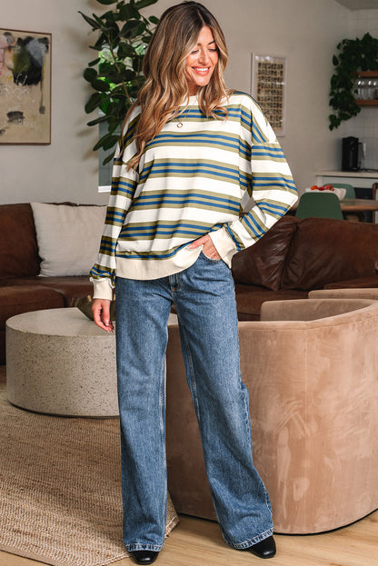 Threaded Pear Rose Stripe Crew Neck Pullover Sweatshirt