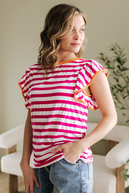 Threaded Pear GloriaStriped Ruffle Sleeve Crew Neck Blouse