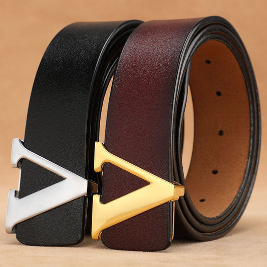 Men’s Retro Smooth Genuine Leather "Letter V" Belt | High-Sense Pure Cowhide Business Waistband | Trendy Minimalist Signature Buckle Belt | Luxury-Label Statuesque Men’s Accessory | 2026 High-Fashion Radiant Urban Essential
