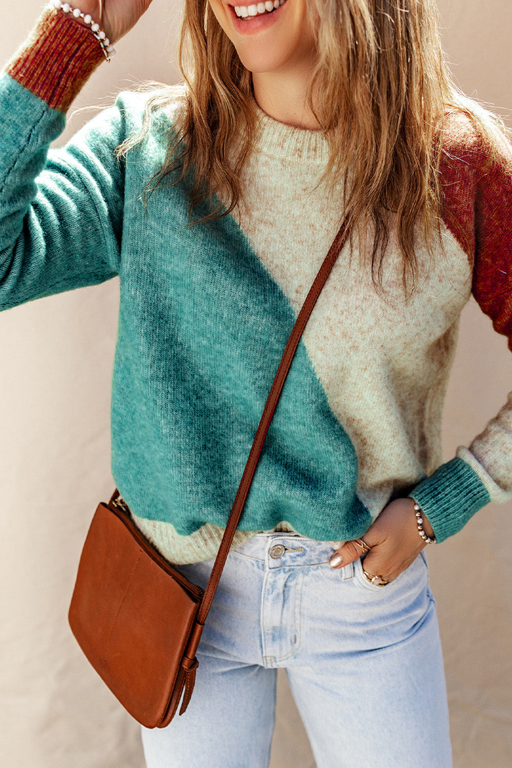 Threaded Pear Nicole Ribbed Trim Round Neck Sweater