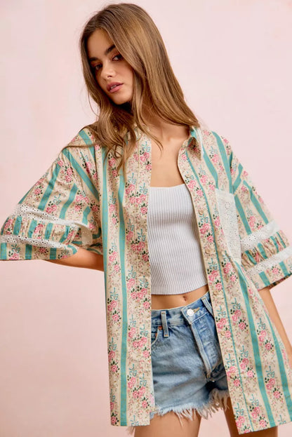 BiBi Eyelet Lace And Floral Mix And Match Shirt Top
