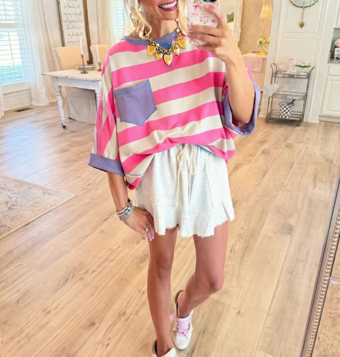 Women's T-shirts Striped Drop Shoulder Pocket T-shirt