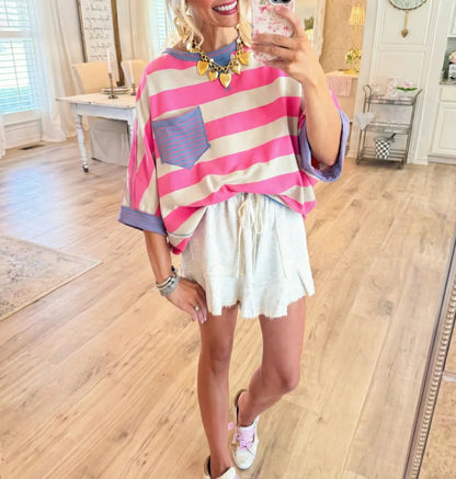 Women's T-shirts Striped Drop Shoulder Pocket T-shirt