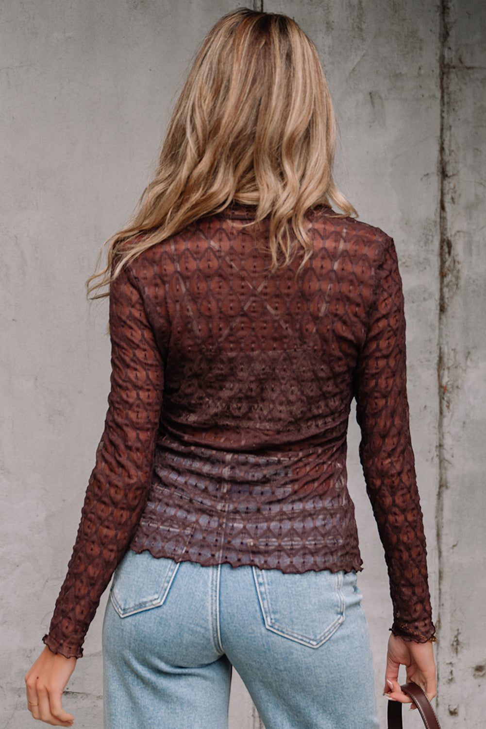 Threaded Pear Ruth Sheer Mesh Patterned Lettuce Trim Top