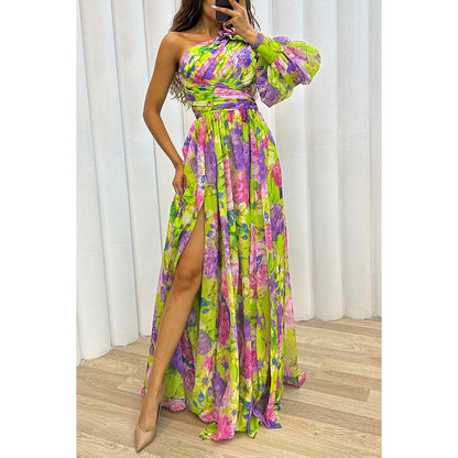 Floral Print Split Maxi Dress Fashion One-shoulder Long-sleeved Dresses Summer Beach Clothing For Women