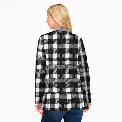 Black & White Plaid Print Open Front Long Sleeve Cardigan