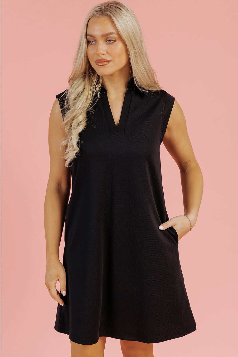 Threaded Pear Kyla Collared Slit Neck Sleeveless Mini Dress