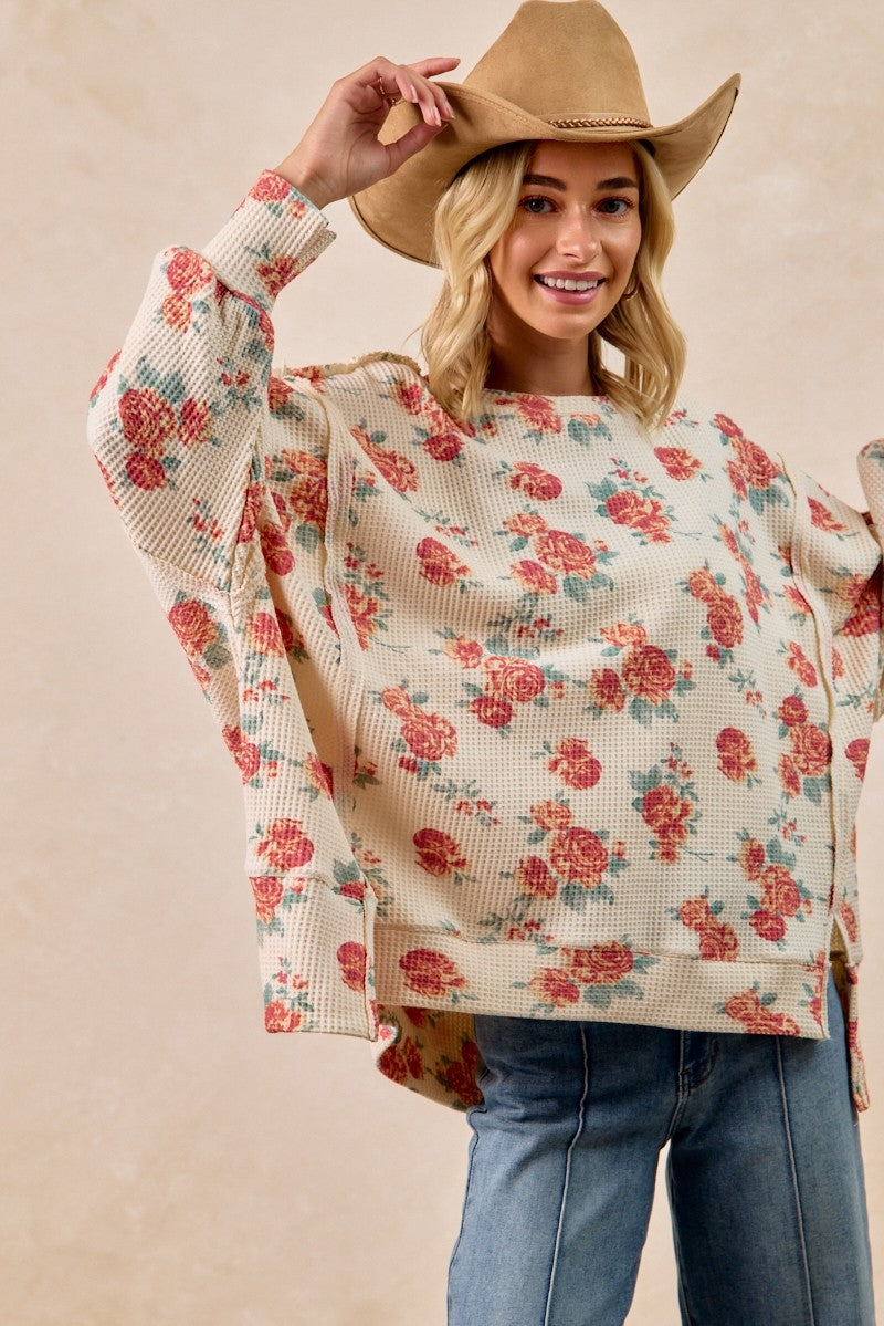 BiBi Floral Print Oversized Waffle Thermal Top