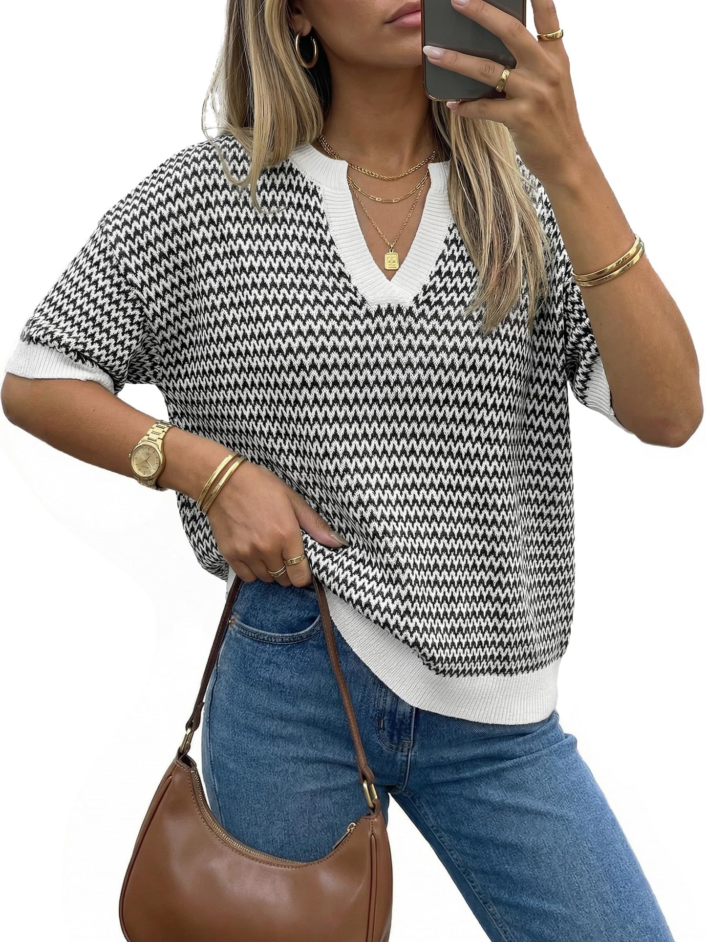 Polo V Neck Striped Short Sleeve Casual Pullover Sweaters Spring SummerVibes