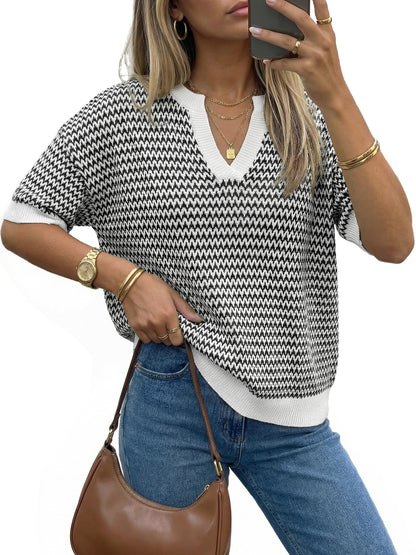 Polo V Neck Striped Short Sleeve Casual Pullover Sweaters Spring SummerVibes