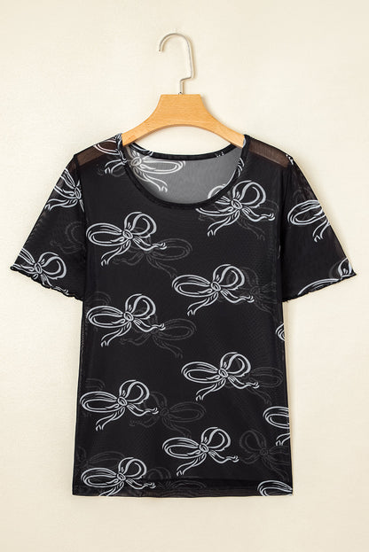 Threaded Pear Maddie Bow Mesh Short Sleeve Top
