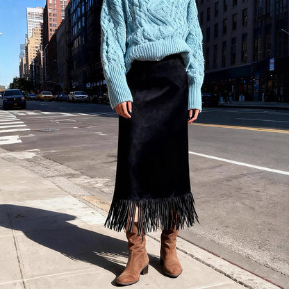 Women’s A-Line Fringe Hem Midi Skirt | Elegant Solid Color Versatile Skirt | Modern High-Waisted Casual Party Skirt | Trendy Fringed Hemline A-Line Bottoms | 2026 High-Sense Fashion Midi Skirt