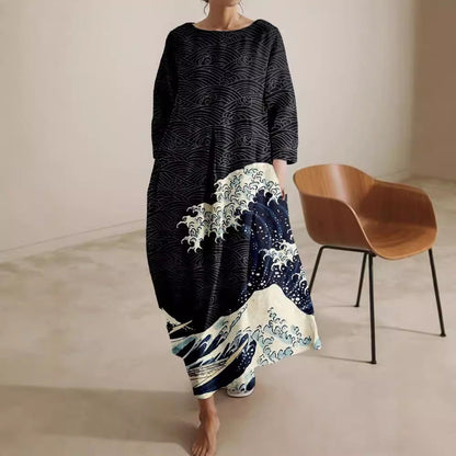 Women’s Relaxed-Fit Crew Neck Printed Midi Dress | High-End Minimalist A-Line Dress | Trendy High-Sense Casual Summer Gown | Elegant Round Neck Printed Midi | 2026 High-Fashion Statuesque Flowing Dress