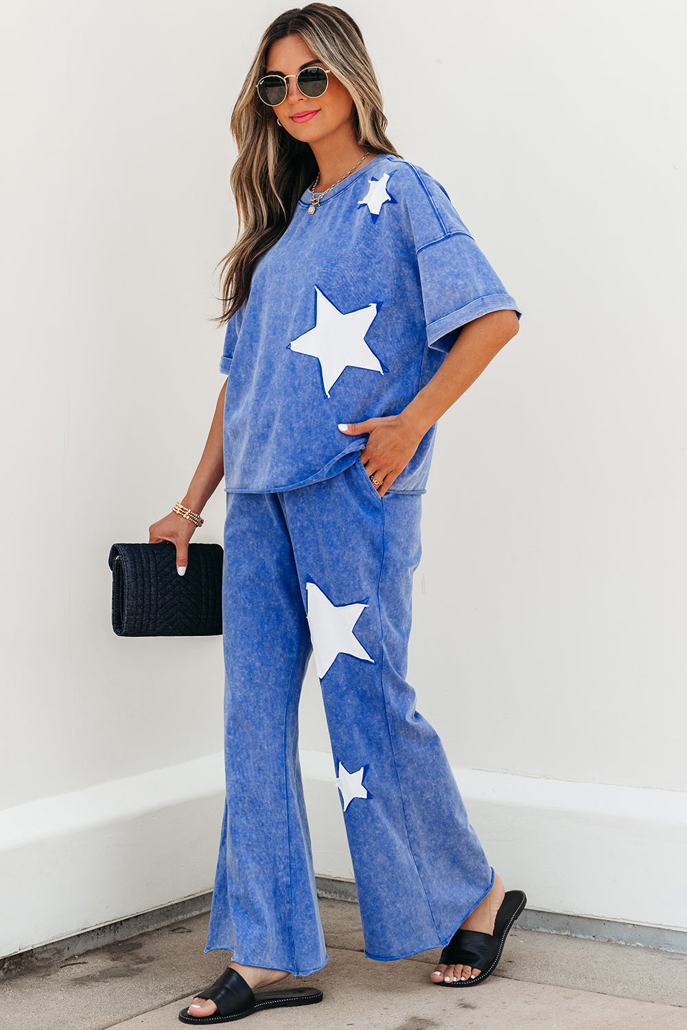 Threaded Pear Arabella Acid Wash Star Patched Rolled Trim Pants Set