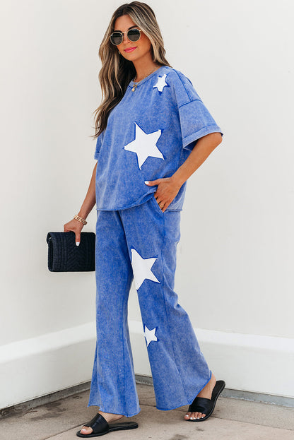 Threaded Pear Arabella Acid Wash Star Patched Rolled Trim Pants Set