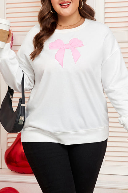 Threaded Pear Beige Big Bow Accent Plus Size Drop Shoulder Sweatshirt