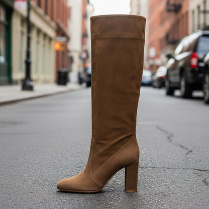 Women’s Suede High Heel Boots | Pleated Thick Heel Pointed Toe
