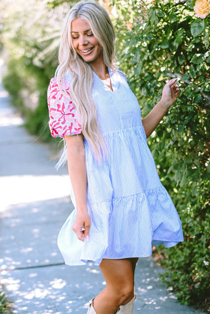 Threaded Pear Kori Stripe Contrast Floral Puff Sleeve Tiered Ruffle Dress