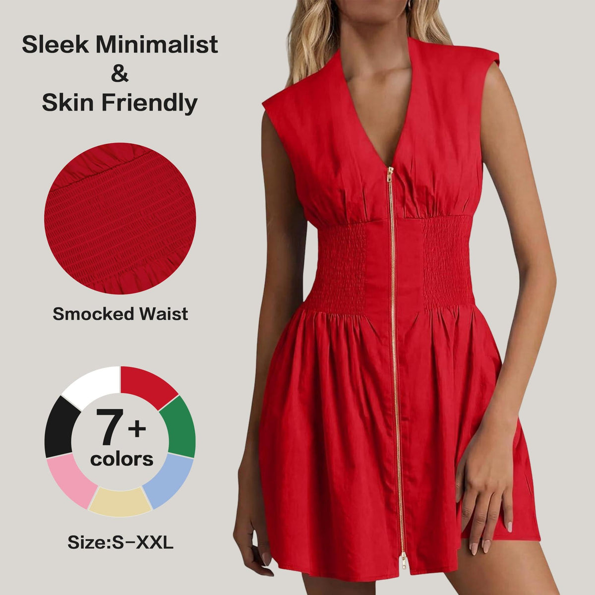 Women's Sleeveless V-Neck Zip Front Mini Dress with Smocked Waist & Pockets
