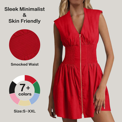 Women's Sleeveless V-Neck Zip Front Mini Dress with Smocked Waist & Pockets