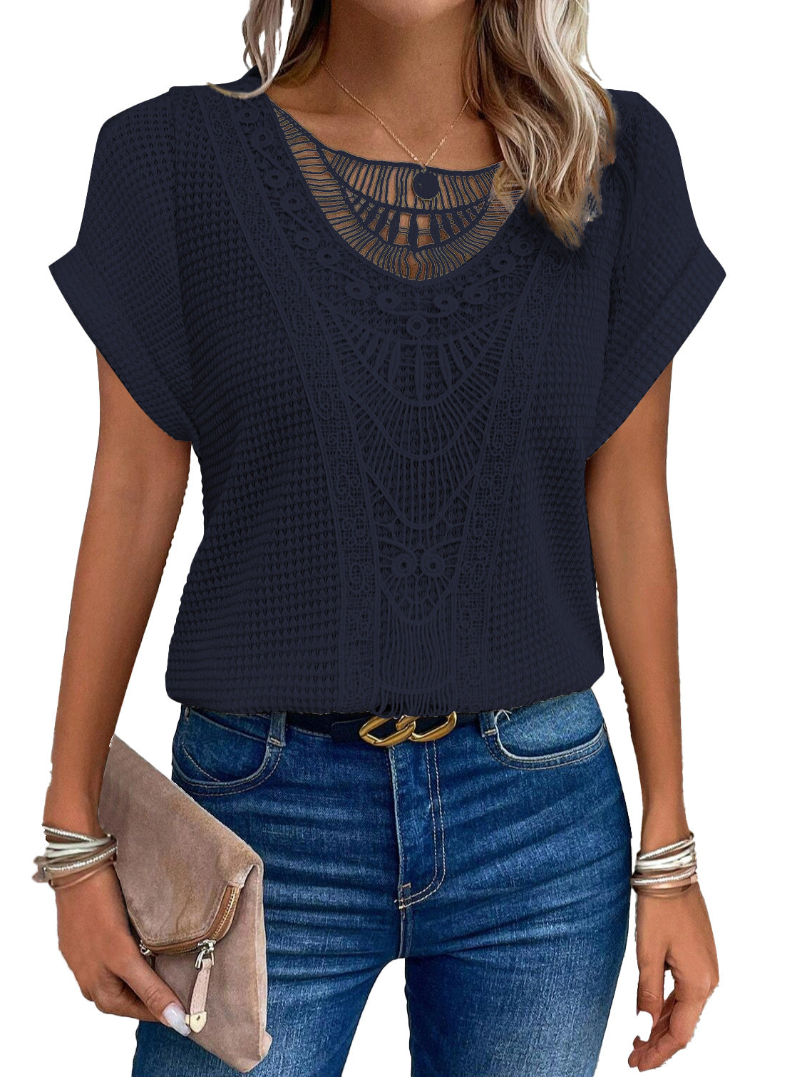 Women’s Summer Hollow-Out T-Shirt | Fashion Ethnic Style Short-Sleeved Top | Elegant Embroidered Lace Knit Blouse | Trendy Minimalist Breathable Summer Clothing | 2026 High-Fashion Artisan Ethnic Top