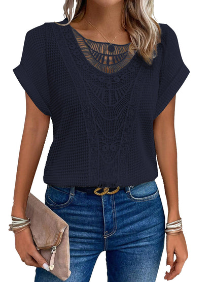 Women’s Summer Hollow-Out T-Shirt | Fashion Ethnic Style Short-Sleeved Top | Elegant Embroidered Lace Knit Blouse | Trendy Minimalist Breathable Summer Clothing | 2026 High-Fashion Artisan Ethnic Top
