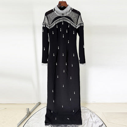 Women’s Heavy Duty Pearl & Diamond Embellished Long Dress | High-Sense Mesh Panel Evening Gown | Trendy Minimalist Couture Gala Dress | Luxury-Label Statuesque Radiant Ceremony Wear | 2026 High-Fashion Emerald-Luxe Essential