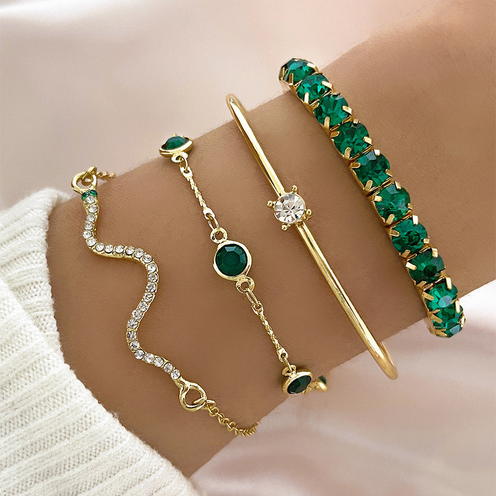 Women’s 4Pcs Green Grandmother Diamond Bracelet Set | High-Sense Emerald Stretch Bracelet Suit | Trendy Minimalist Multi-Layer Jewelry | Luxury-Label Statuesque Evening Accessories | 2026 High-Fashion Radiant Wristwear
