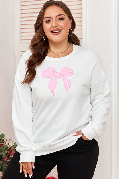 Threaded Pear Beige Big Bow Accent Plus Size Drop Shoulder Sweatshirt
