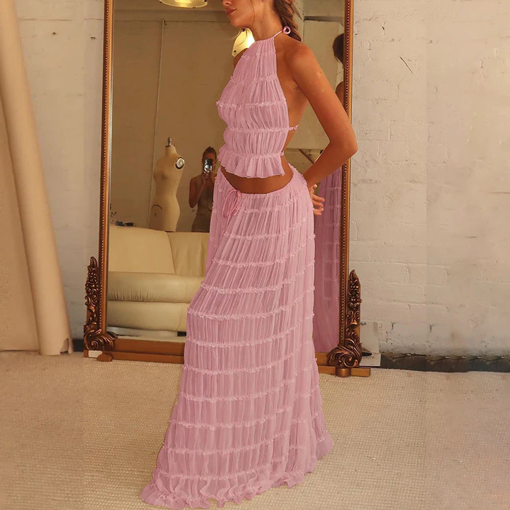 2pcs Women's Dress Suit Sleeveless Backless Cropped Halter Top And Pleated Long Skirt Beach Clothing