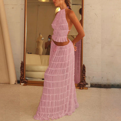 2pcs Women's Dress Suit Sleeveless Backless Cropped Halter Top And Pleated Long Skirt Beach Clothing