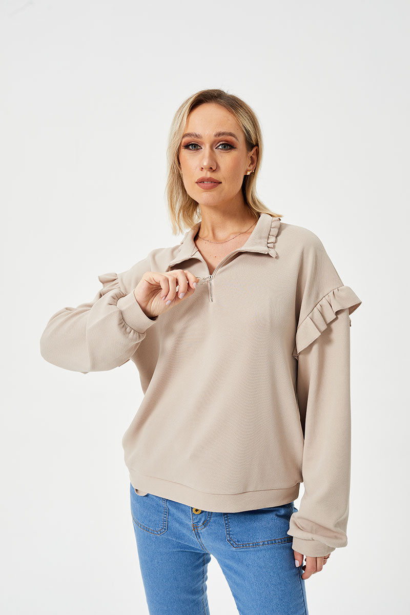 Women’s Casual Ruffle Trim Half-Zip Sweatshirt | Trendy Frill Detail Quarter-Zip Pullover | Elegant Long Sleeve Sporty Sweatshirt | Modern Loose Fit Ruffled Jumper | 2026 Stylish Fall/Winter Streetwear