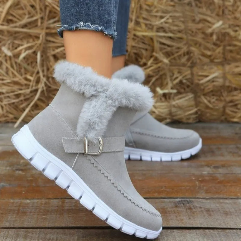 Women’s Thickened Winter Snow Boots | High-Sense Plush Ankle Boots with Buckle Design | Trendy Minimalist Plus Velvet Flat Shoes | Luxury-Label Statuesque Warm Winter Footwear | 2026 High-Fashion Radiant Outdoor Boots