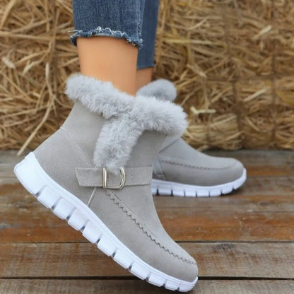 Women’s Thickened Winter Snow Boots | High-Sense Plush Ankle Boots with Buckle Design | Trendy Minimalist Plus Velvet Flat Shoes | Luxury-Label Statuesque Warm Winter Footwear | 2026 High-Fashion Radiant Outdoor Boots