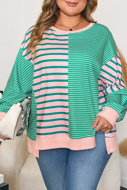 Threaded Pear Green Stripe Color Block Exposed Seam Side Slit Plus Size Sweatshirt