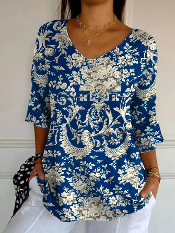 Women’s Elegant Retro Floral Print V-Neck Top | High-Sense Casual Long Sleeve Blouse | Trendy Minimalist Vintage-Style Top | Luxury-Label Statuesque Spring Wear | 2026 High-Fashion Radiant Urban Essential